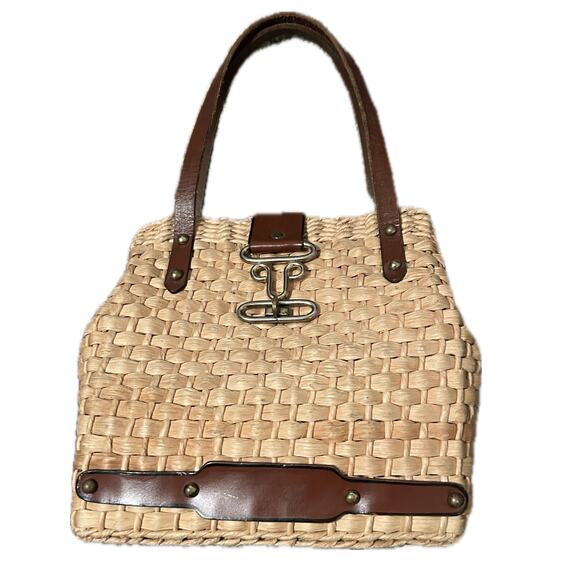 1960s Wicker Woven Handbag Top Handle Leather Strap Purse by Burlington * - Picture 1 of 5